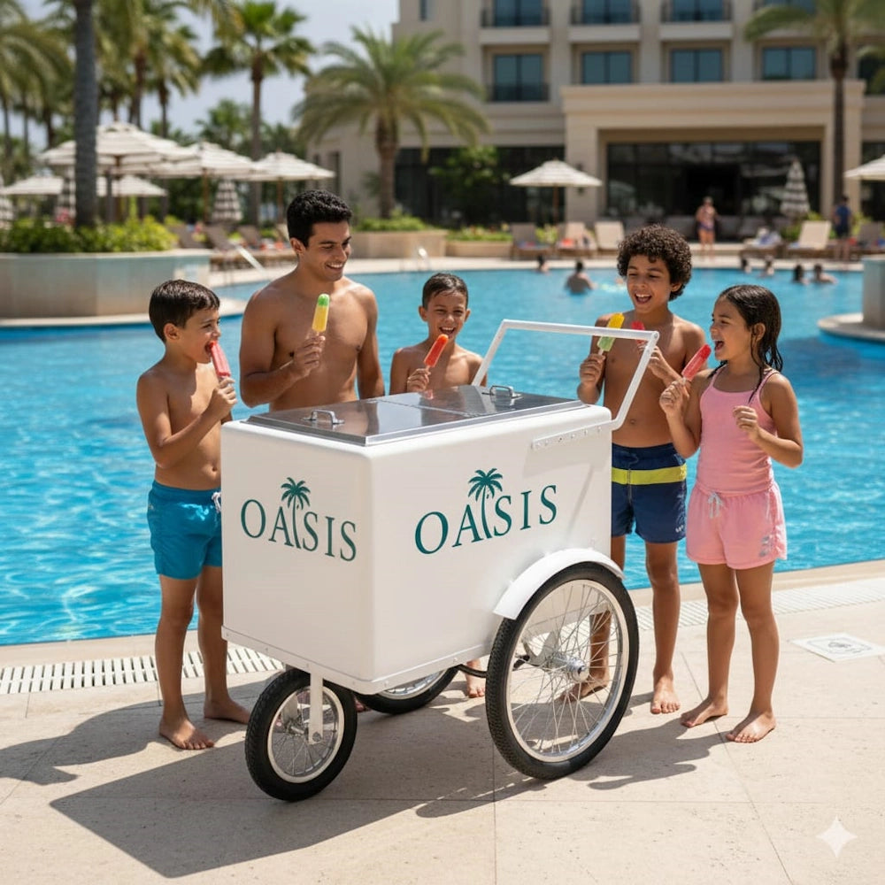 A white Oasis ice cream cart with green branding stands by a swimming pool, surrounded by five children holding popsicles. The resort-style setting features a blue pool, palm trees, and a hotel building in the background.