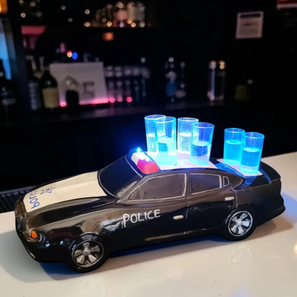 Police Car Tequila Shot Flight Tray with LED Lights – 6 Shot Glass Holder for Bars, Bottle Service, Parties & Events image 0