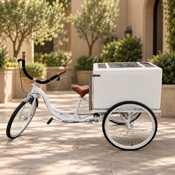 A white three-wheeled cargo tricycle with a large white box on the back, parked outdoors on a stone patio with trees and a building in the background.