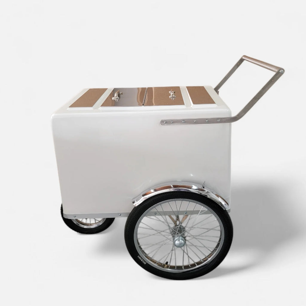Tall Standard Size Popsicle & Ice Cream Cart with Bicycle Tires – White / Chrome / Stainless Steel – 3 Top Lid Openings image 4