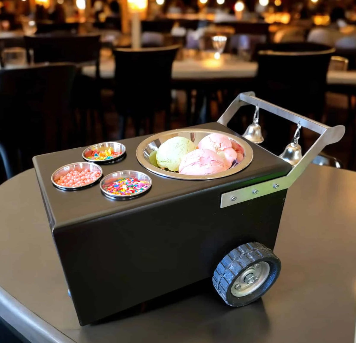 Mini Table Top Churro Cart, Esquite Cart, Elote Cart, Corn Cart, Dessert Display Cart for Home or Business with 3 toppings containers<span> - </span>Black image