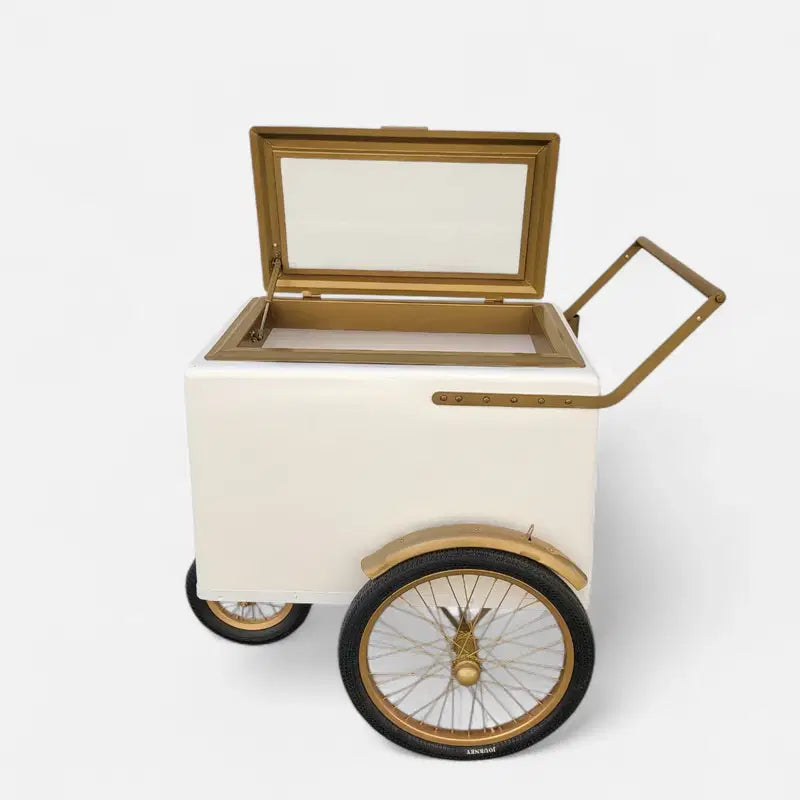 Tall Standard Size White with Gold trim Popsicle Cart with  Glass Door and  Bicycle Tires image 3