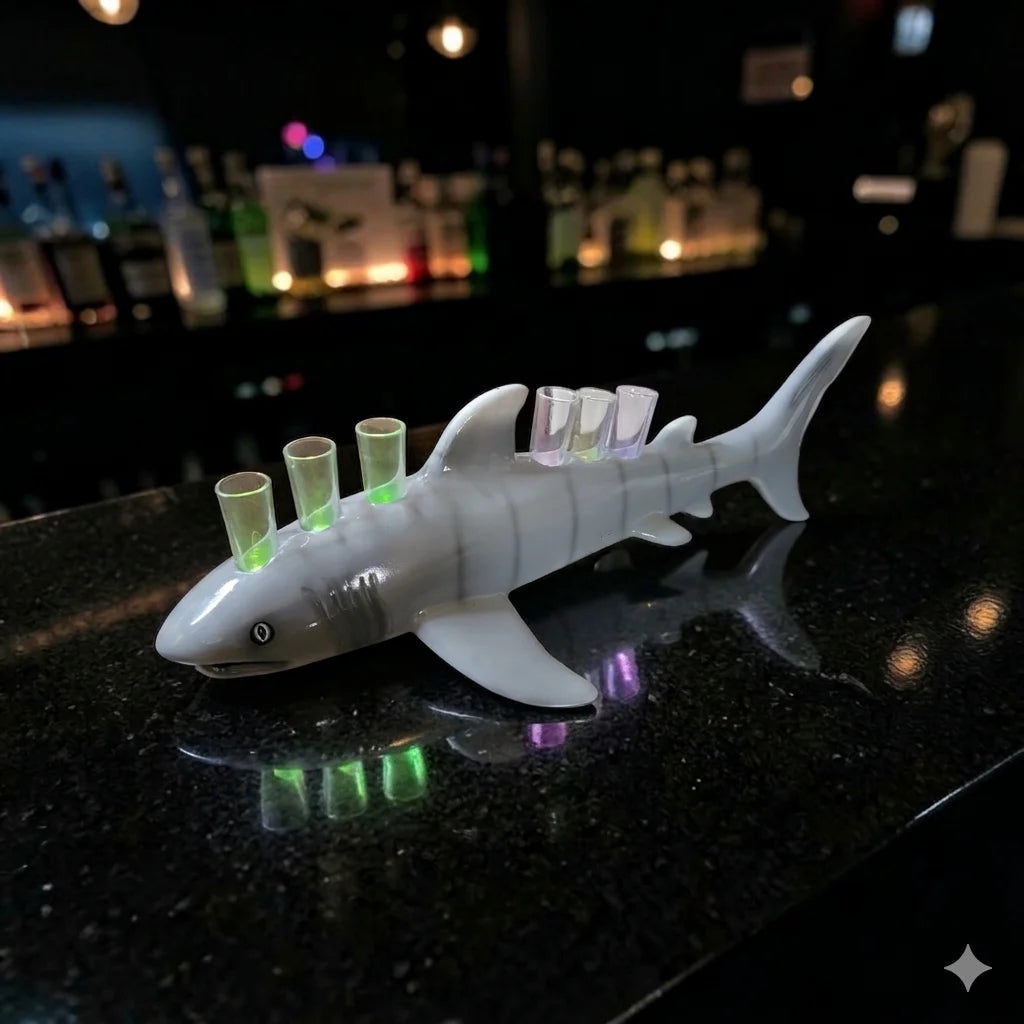 Fiberglass Shark Shot Tray with LED Lights – Bottle Service Shot Tray for Bars, Restaurants, Mariscos & Nightclubs – 6 Shot Glass Holder image 0