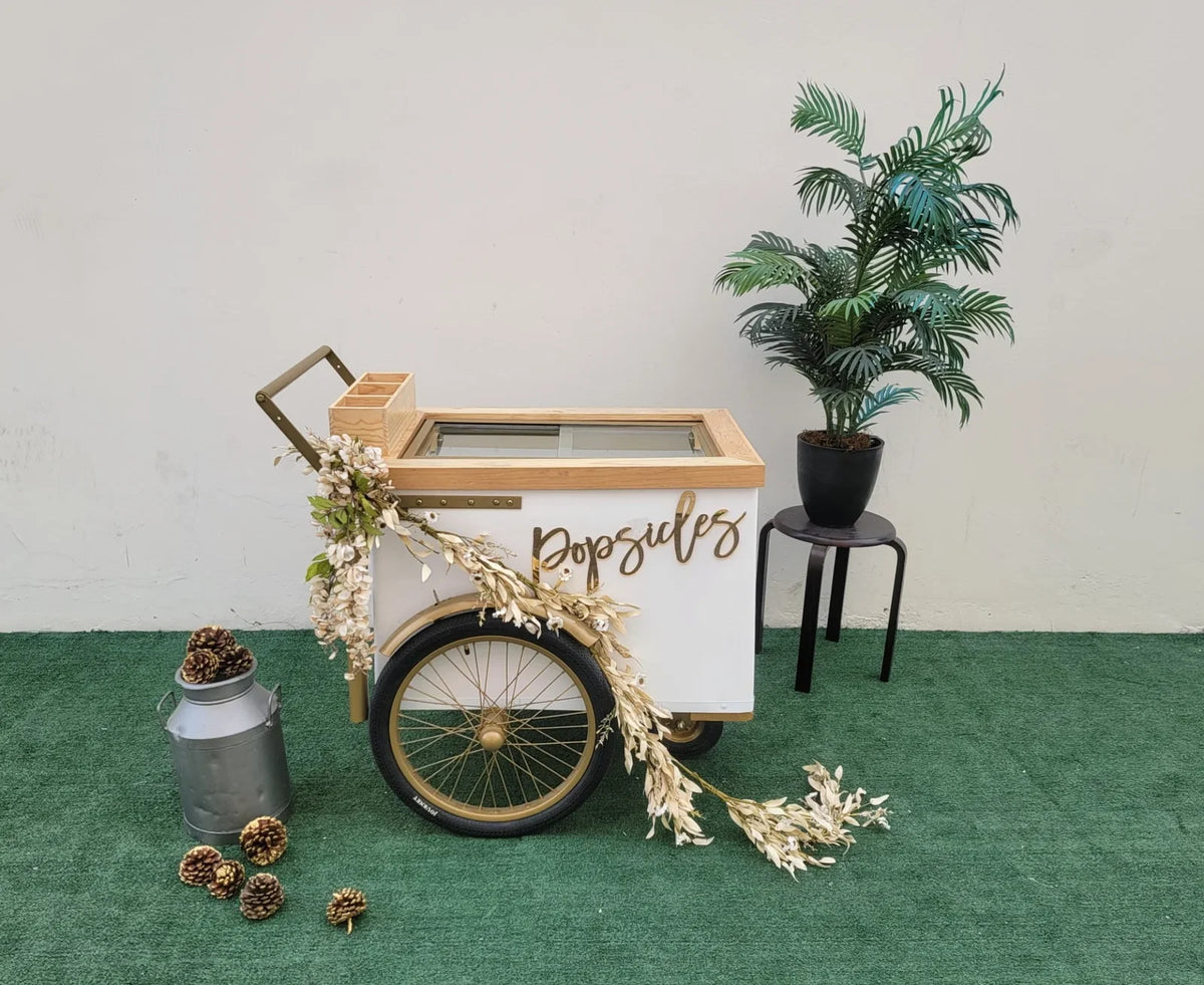 Standard Size Popsicle Cart with Sliding Glass Doors &amp; Bicycle Tires<span> - </span>Gold image