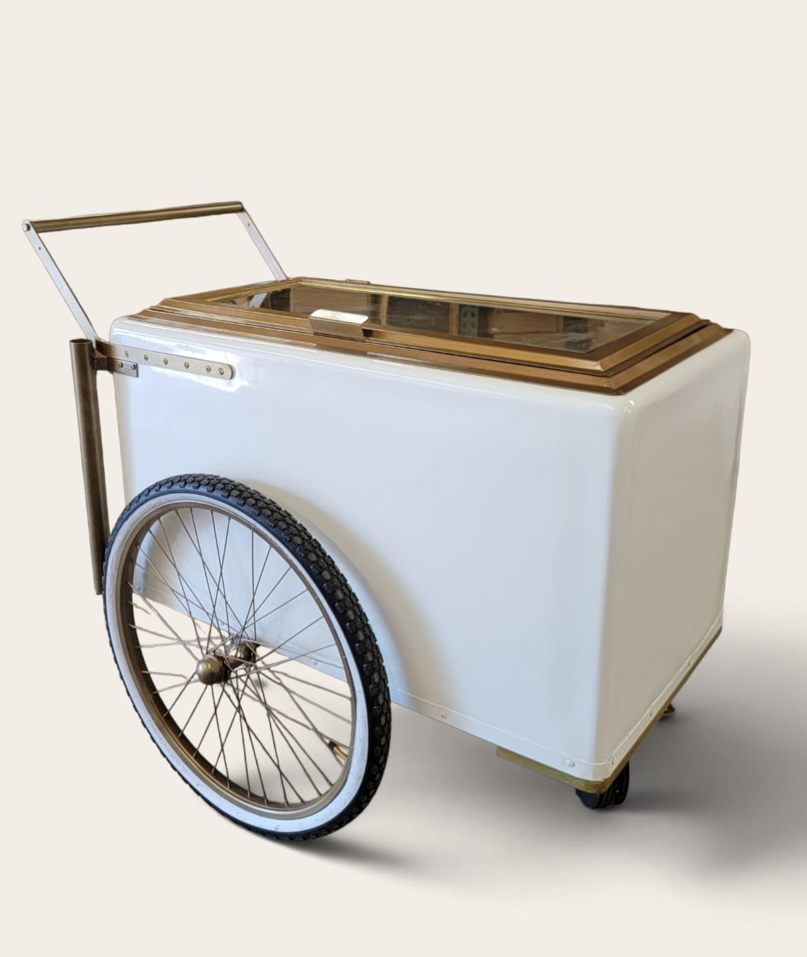 Tall Large Size White with Gold trim Popsicle Cart with  Glass Door and  Bicycle Tires