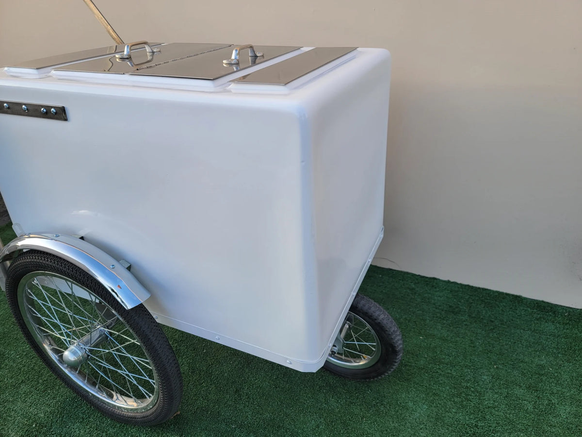 Tall Standard Size Popsicle & Ice Cream Cart with Bicycle Tires – White / Chrome / Stainless Steel – 3 Top Lid Openings image 9