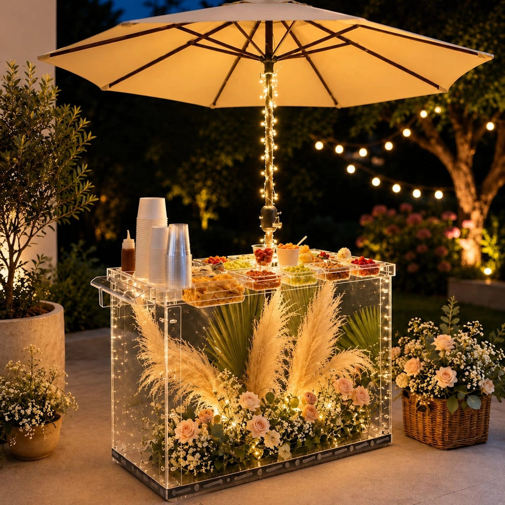 A clear acrylic outdoor food cart with a large beige patio umbrella, warm string lights, and decorative pampas grass and flowers, set in a garden patio environment at night.