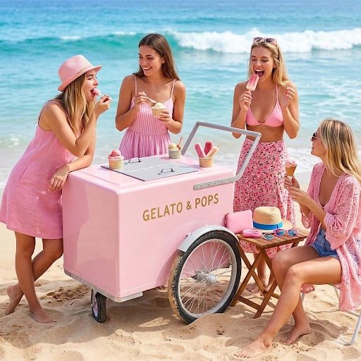 Four women in pink beachwear pose around a pastel pink gelato and popsicle cart on a sandy beach with the ocean in the background.