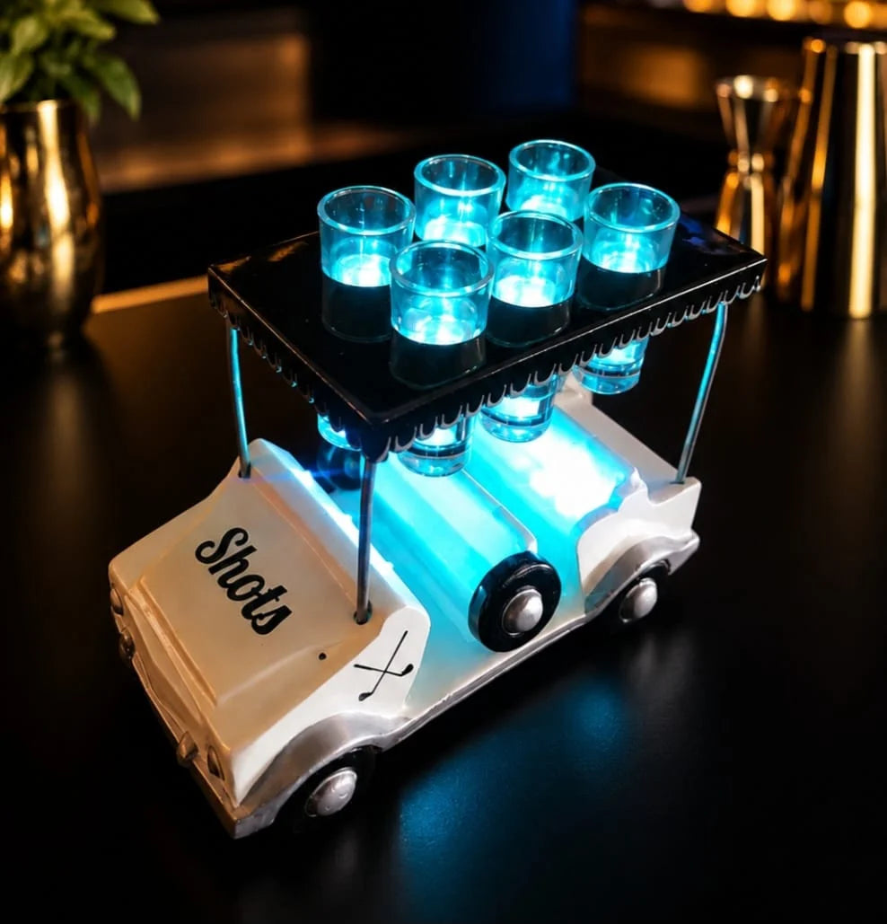 White/black Golf Cart Shot Flight Tray with LED Lights | Golf Cart Tequila Shot Holder | Shot Glass Serving Tray | Golf Lover Gift | Bar & Restaurant Drink Service