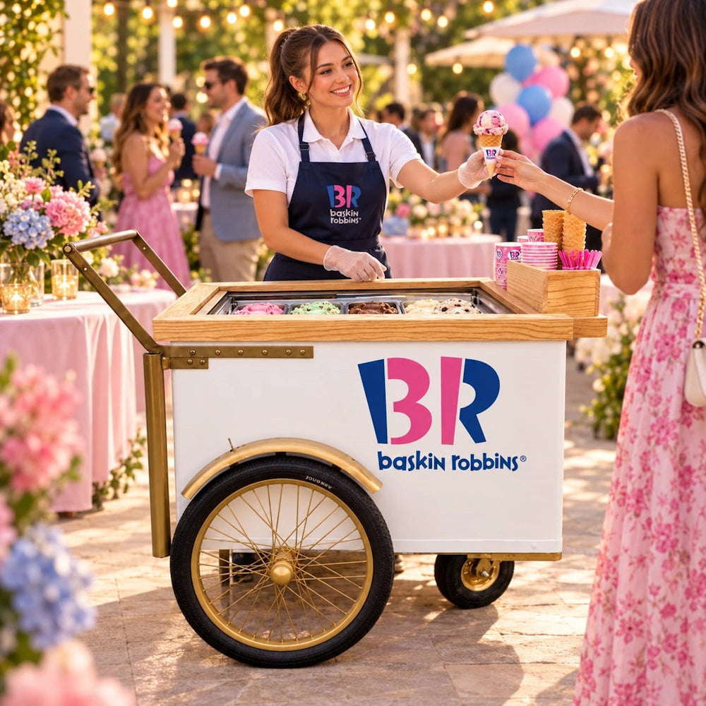 A Baskin Robbins ice cream cart at an outdoor event, with a smiling woman in a navy apron serving a customer. The white cart features the colorful Baskin Robbins logo and gold-colored wheels.