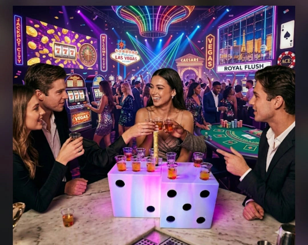 Four people gathered around a bar table in a neon-lit casino, with a glowing dice-shaped drink holder in the center holding small glasses of amber liquid. The scene includes slot machines, a roulette table, and a busy Las Vegas-style background.