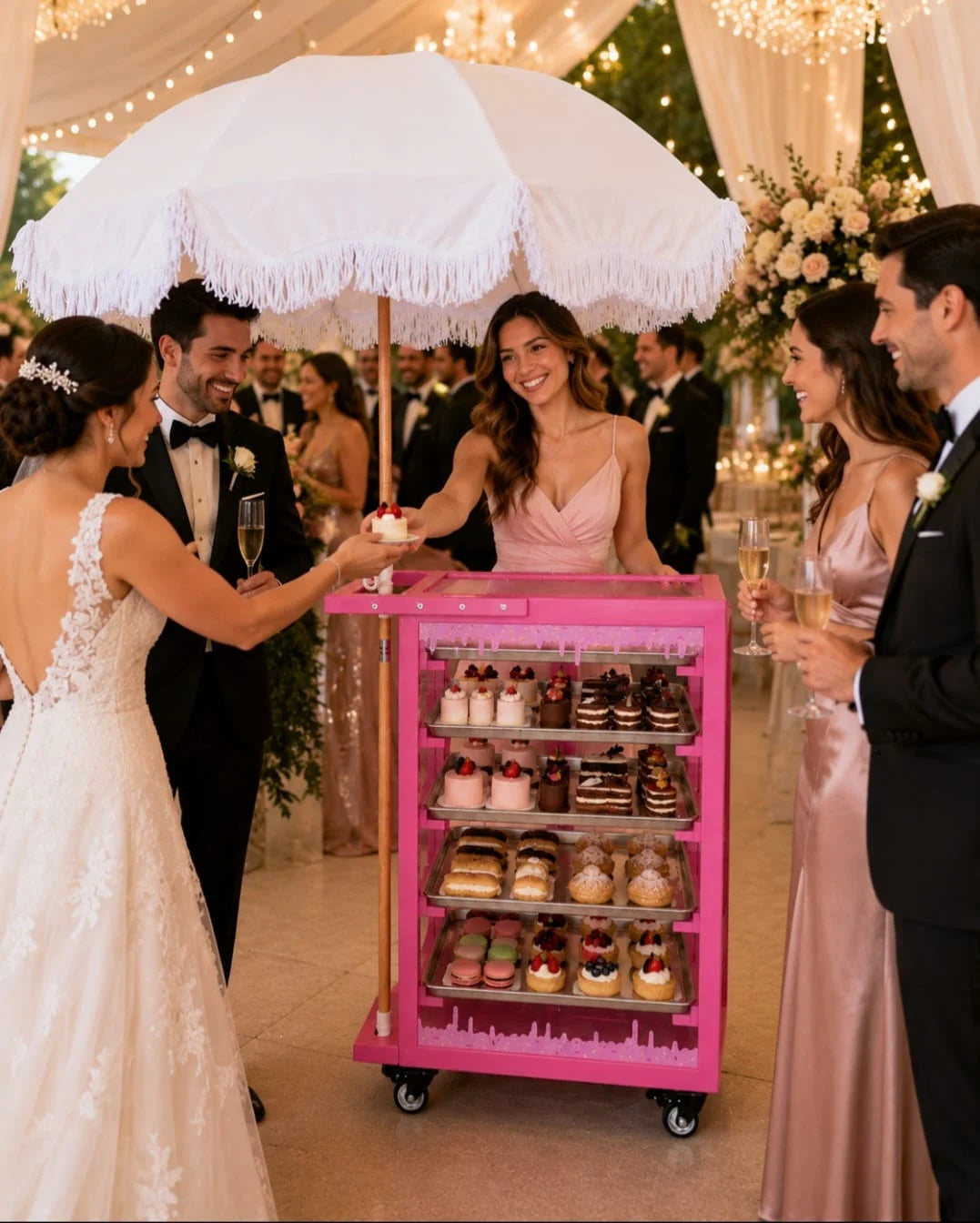 Pink Pastry Display Cart for Sale | Donut Display Cart | Bakery Display Cart | Cupcake & Dessert Display Stand | Wedding Catering Cart