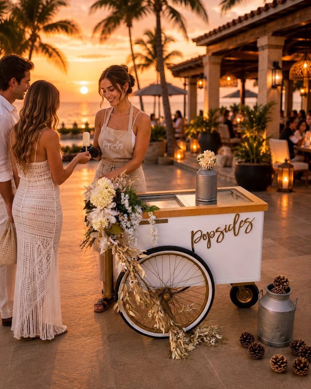 A woman wearing a beige lace dress and matching apron stands behind a white and wood pop-up cart decorated with dried grasses and white flowers, set in a tropical beach patio environment at sunset.