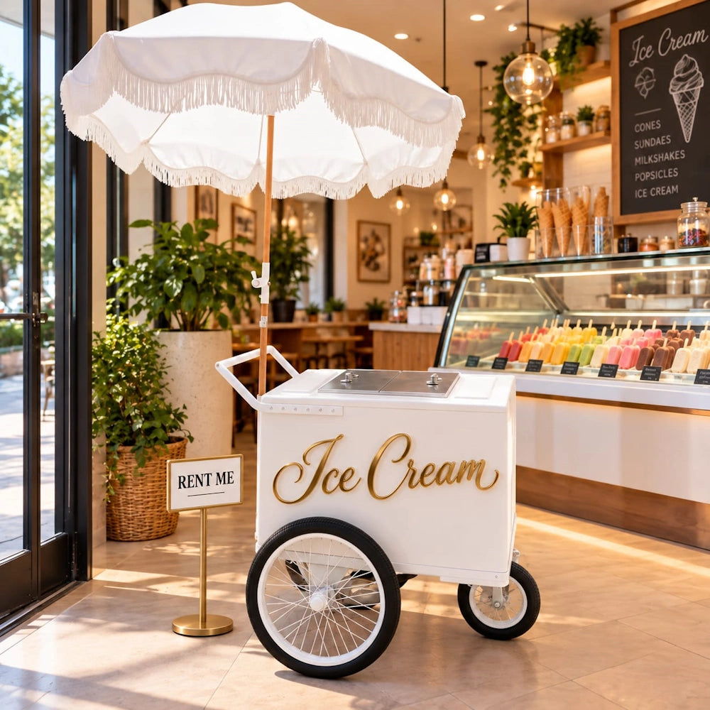 A white ice cream cart with gold script lettering on the side, parked inside a bright ice cream shop. The cart is equipped with a large white fringed umbrella, a small gold 'Rent Me' sign, and has black wheels with white trim.