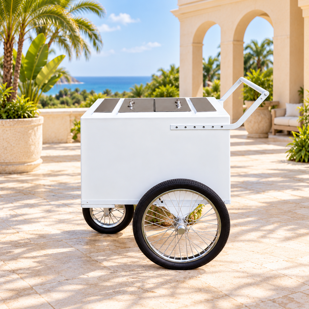 A white outdoor cart with two wheels and a handle, shown on a sunny patio with palm trees and a beach in the background.