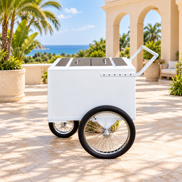 A white outdoor cart with two wheels and a handle, shown on a sunny patio with palm trees and a beach in the background.