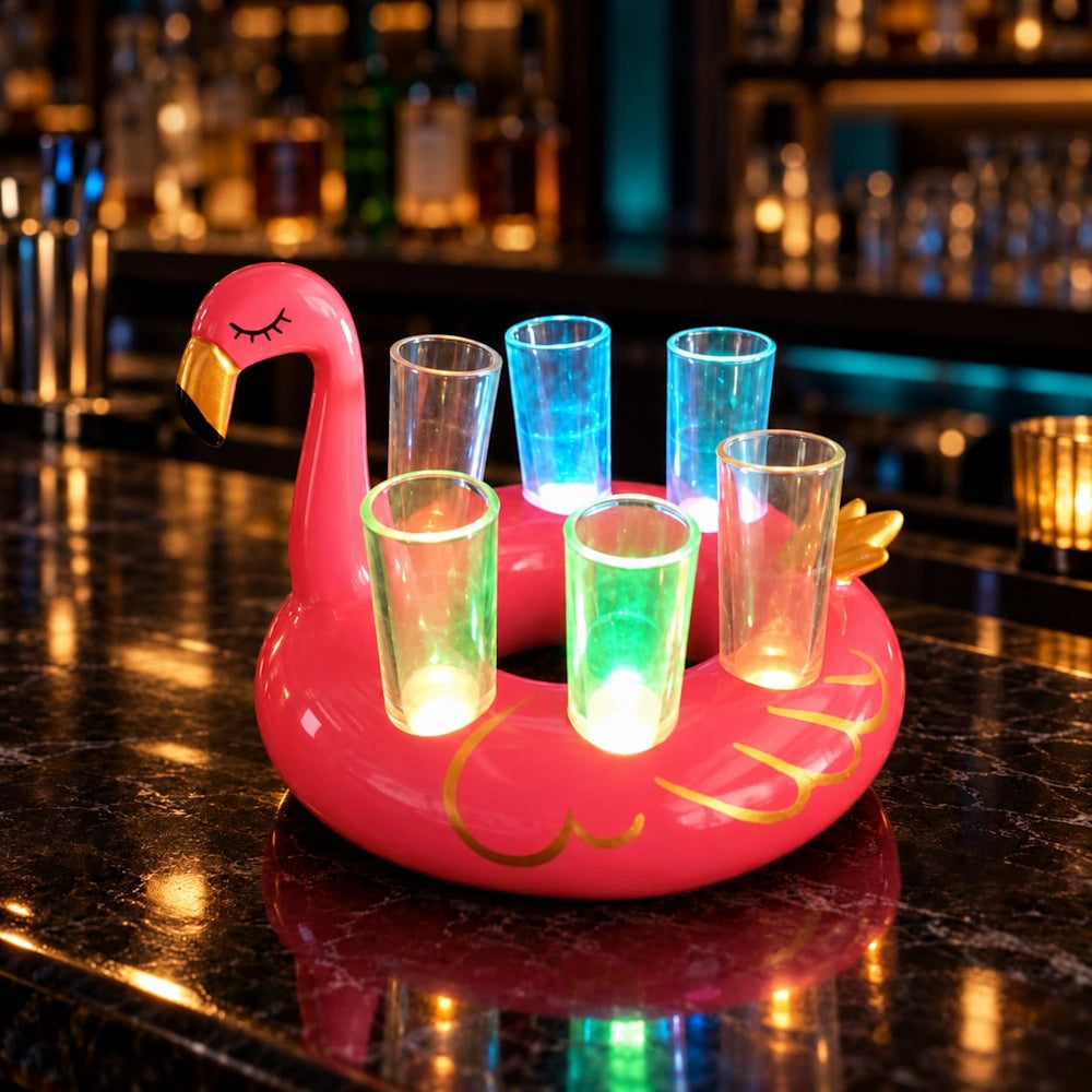 Pink LED Flamingo Shot Tray for 6 – Light Up Shot Glass Holder | Unique Party Shot Flight Tray for Bars & Bachelorette Parties