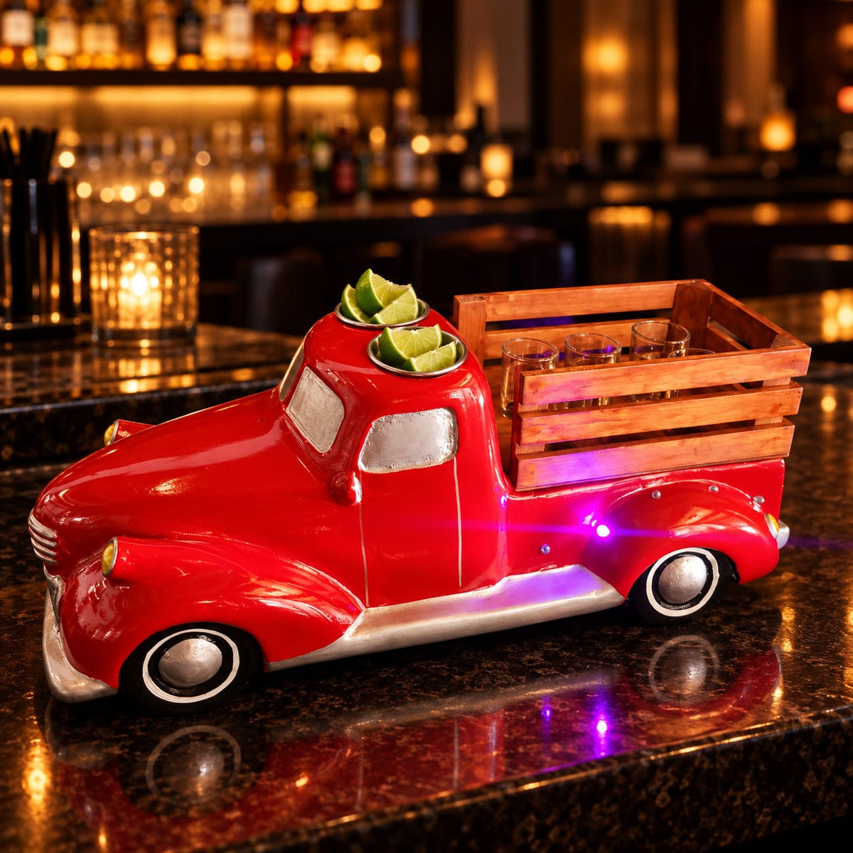Red Classic Truck Shot Flight Tray with LED Lights, Handmade 6 Shot Glass Holder