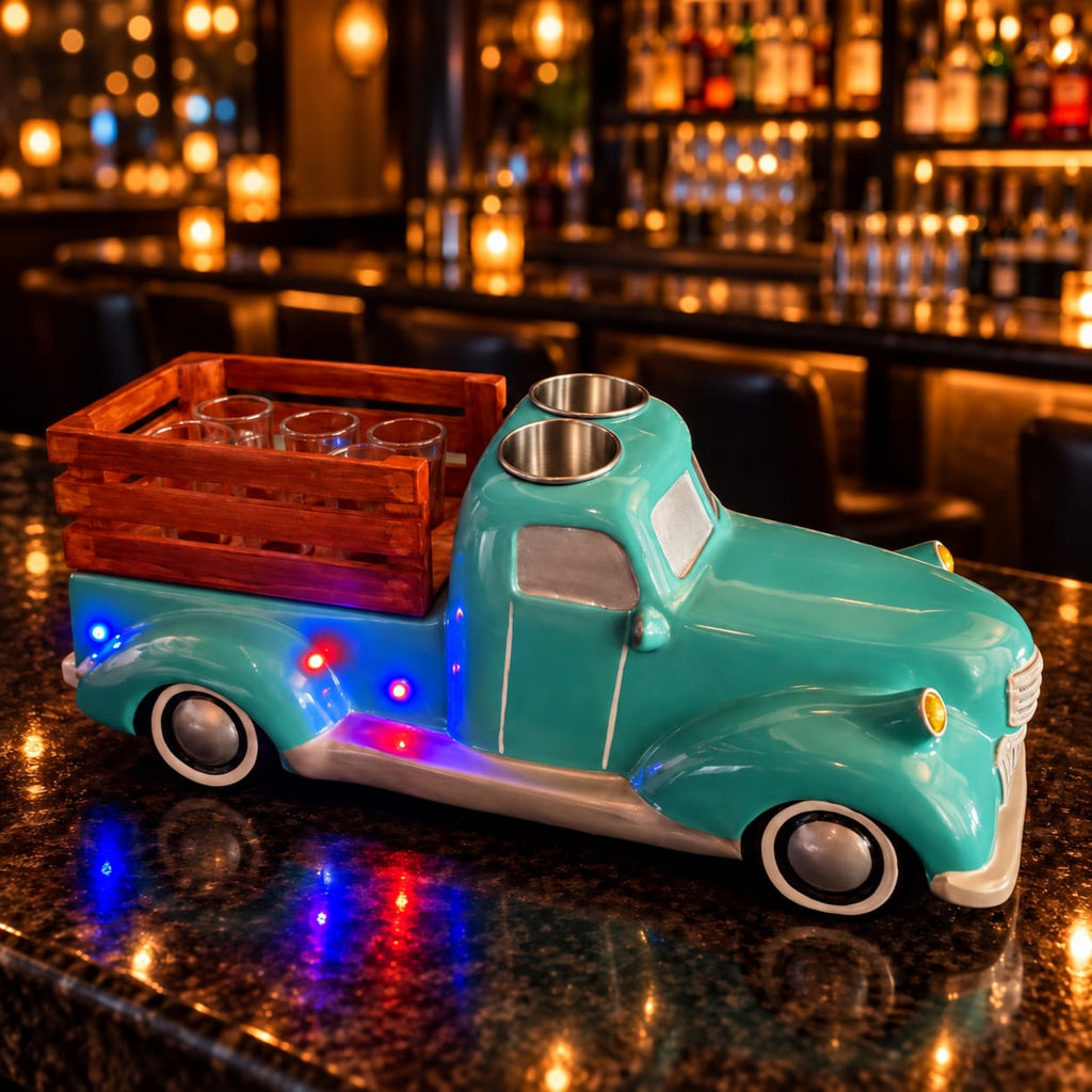 Mint Classic Truck Shot Flight Tray with LED Lights, Handmade 6 Shot Glass Holder