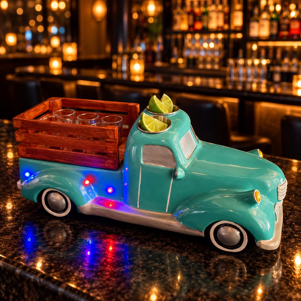 Mint Classic Truck Shot Flight Tray with LED Lights, Handmade 6 Shot Glass Holder