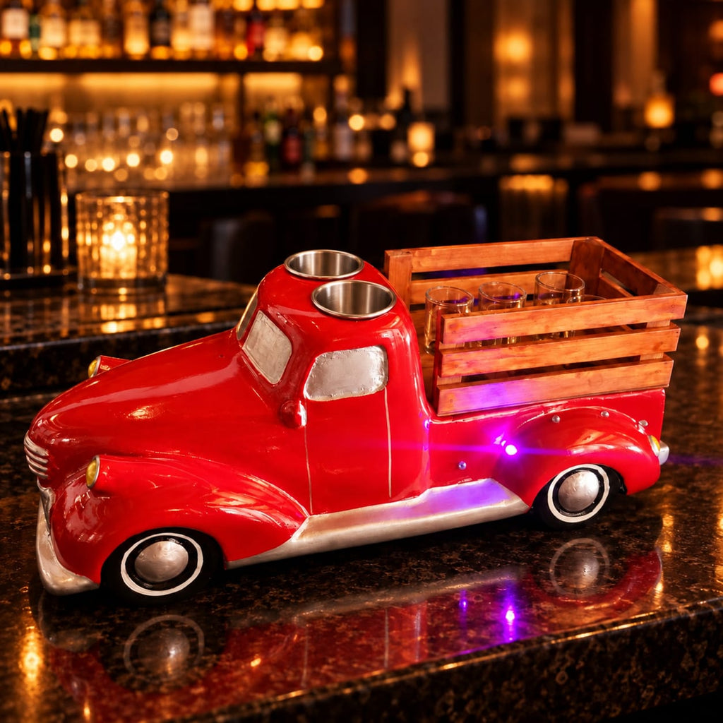 Red Classic Truck Shot Flight Tray with LED Lights, Handmade 6 Shot Glass Holder
