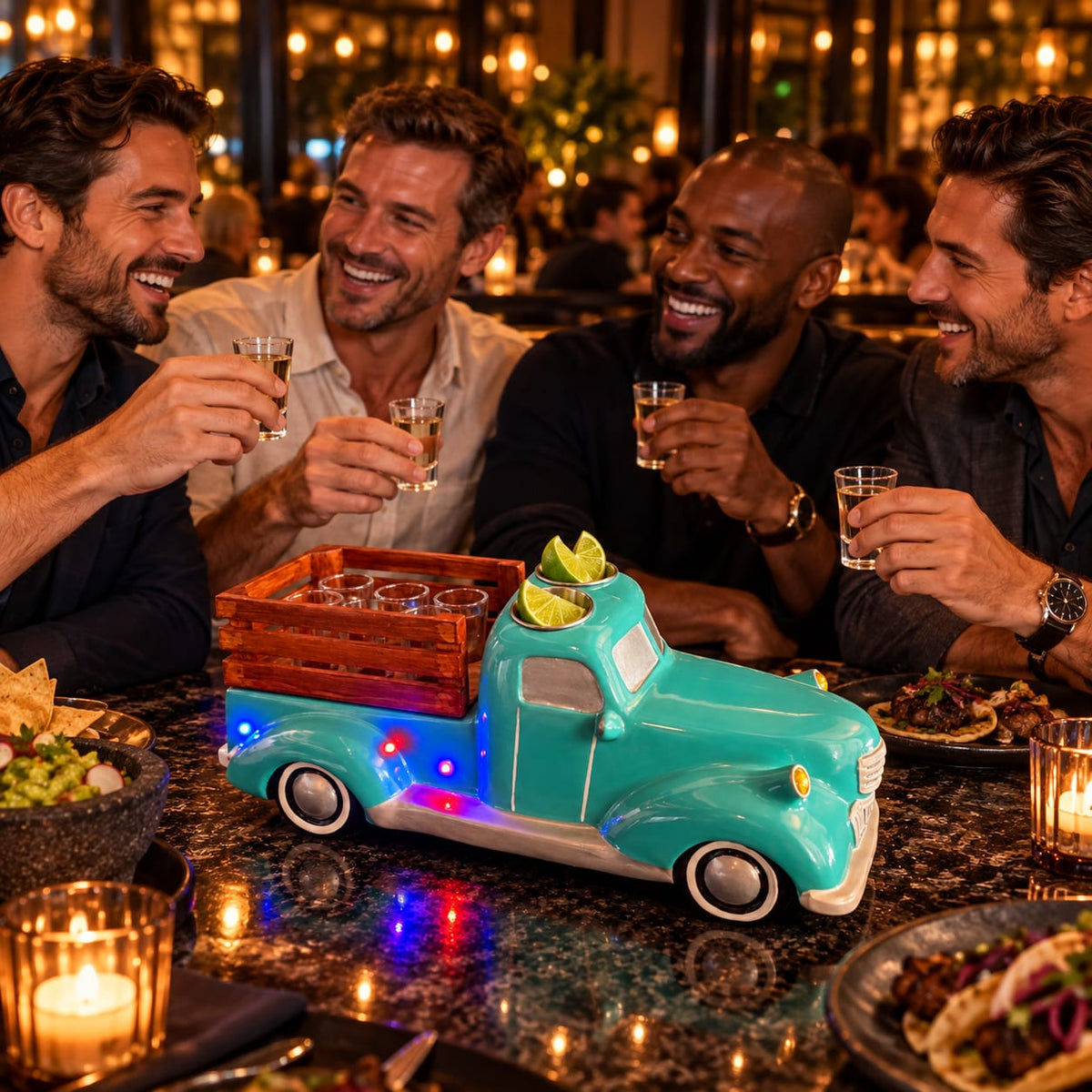 Mint Classic Truck Shot Flight Tray with LED Lights, Handmade 6 Shot Glass Holder