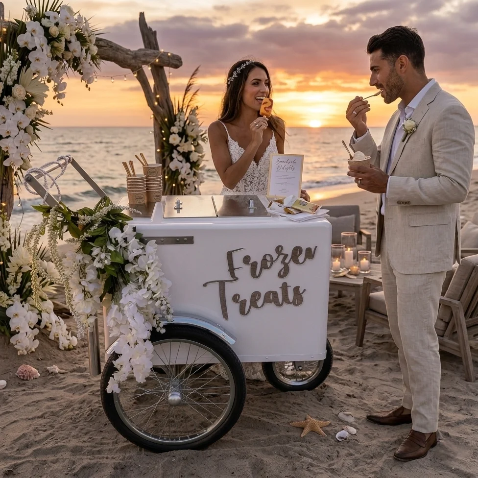 Tall Standard Size Popsicle & Ice Cream Cart with Bicycle Tires – White / Chrome / Stainless Steel – 3 Top Lid Openings - Imagen 2