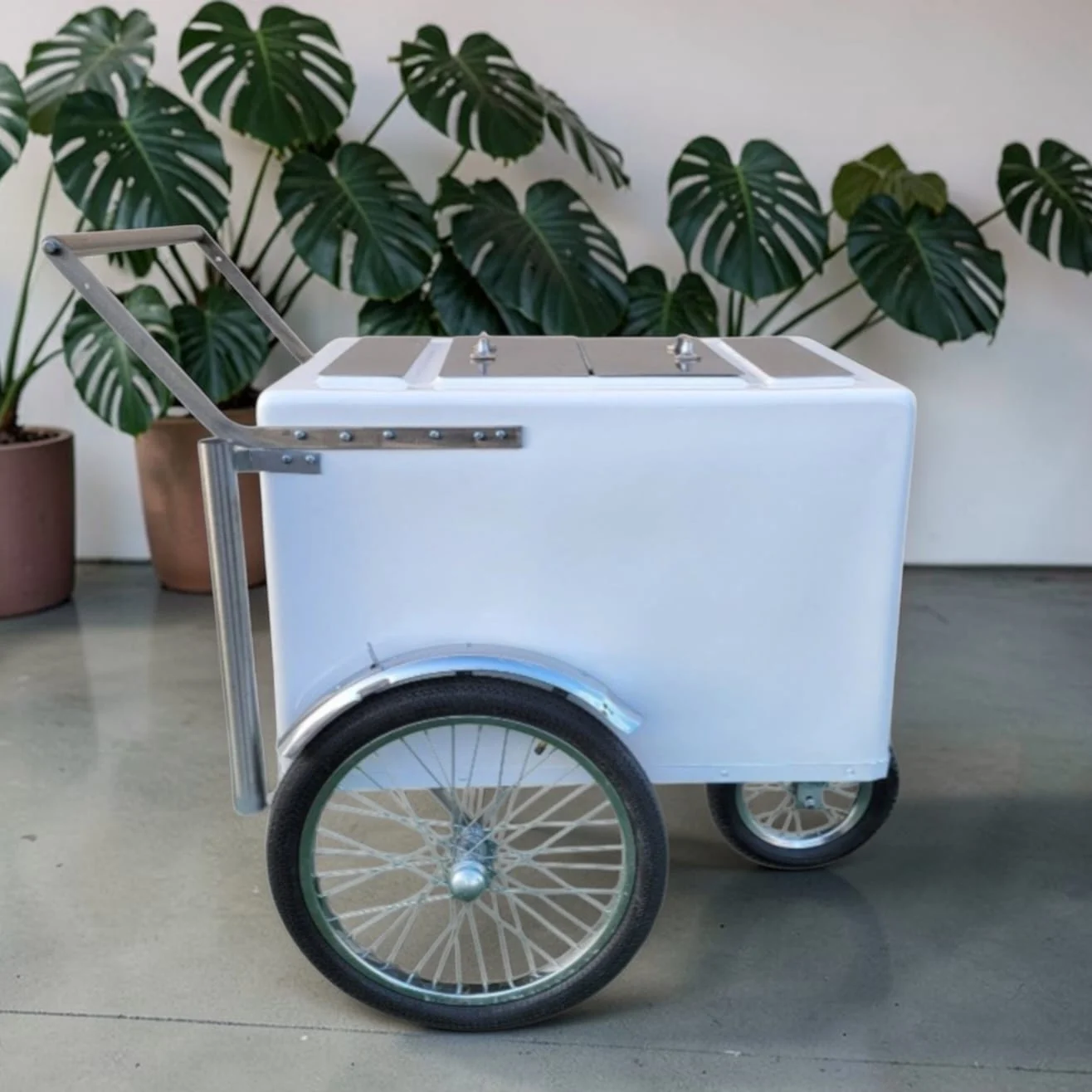 Tall Standard Size Popsicle & Ice Cream Cart with Bicycle Tires – White / Chrome / Stainless Steel – 3 Top Lid Openings