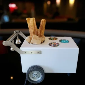 Mini Table Top Churro Cart, Esquite Cart, Elote Cart, Corn Cart, Dessert Display Cart for Home or Business with 3 toppings containers