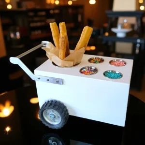 Mini Table Top Churro Cart, Esquite Cart, Elote Cart, Corn Cart, Dessert Display Cart for Home or Business with 4 toppings containers