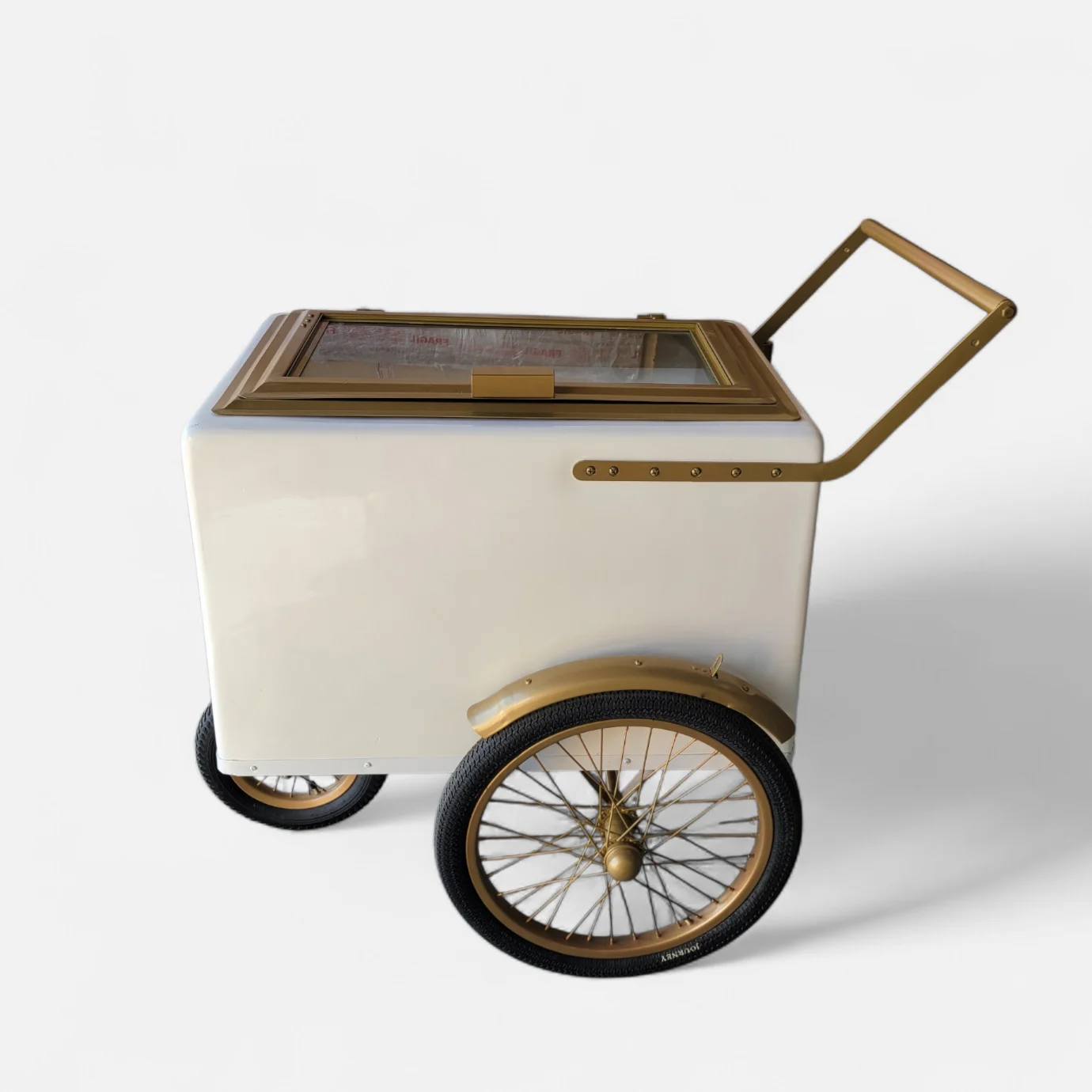 Tall Standard Size White with Gold trim Popsicle Cart with Glass Door and Bicycle Tires - Image 2
