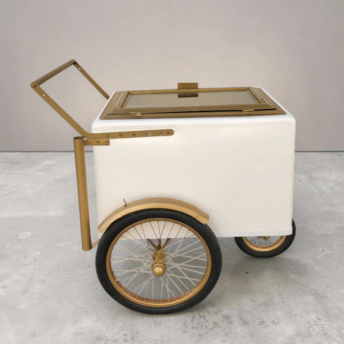 Tall Standard Size White with Gold trim Popsicle Cart with Glass Door and Bicycle Tires - Image 6