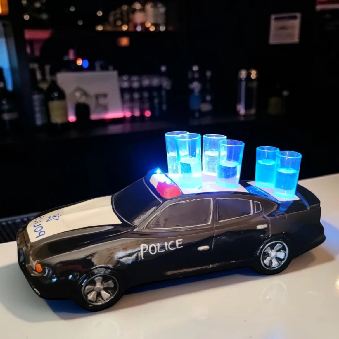 Police Car Tequila Shot Flight Tray with LED Lights – 6 Shot Glass Holder for Bars, Bottle Service, Parties & Events
