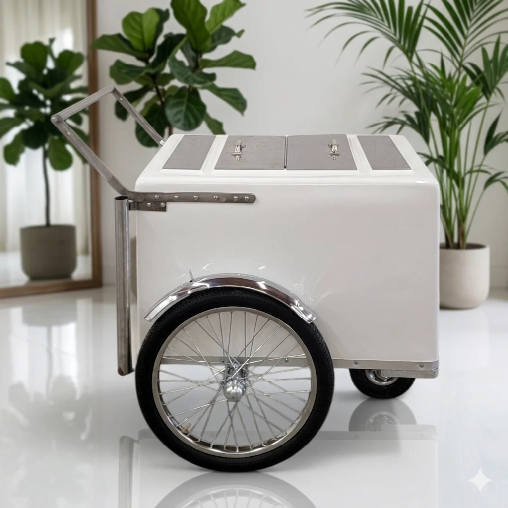 Standard Size Popsicle & Ice Cream Cart with Bicycle Tires – White / Chrome / Stainless Steel – 3 Top Lid Openings